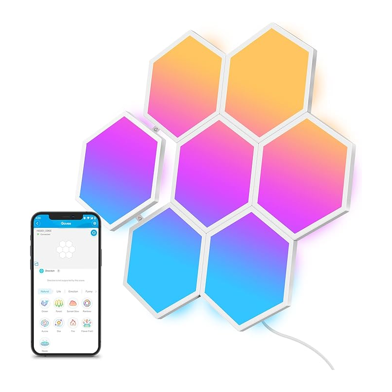 Govee Glide Hexa Light Panels, Luces LED Inteligentes de Pared en Forma de Hexágono, Luces Wi-Fi RGBIC Funciona con Alexa y Google Assistant para Sala de Estar, Gaming Room, 7Pack