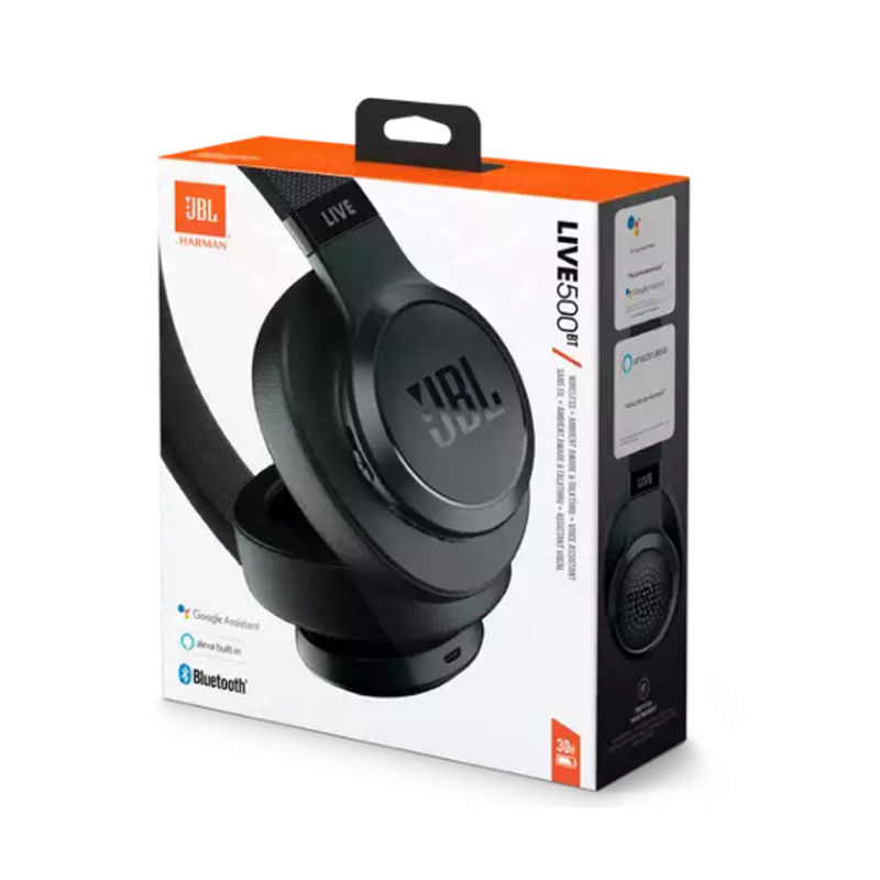 JBL Live 500BT Wireless On-Ear Headphones, Voice Control, Powerful JBL Signature Sound, Ambient Aware, Talkthru Technology,30H Battery, Fast Charge, Multi-Point Connection - Black, JBLLIVE500BTBLK